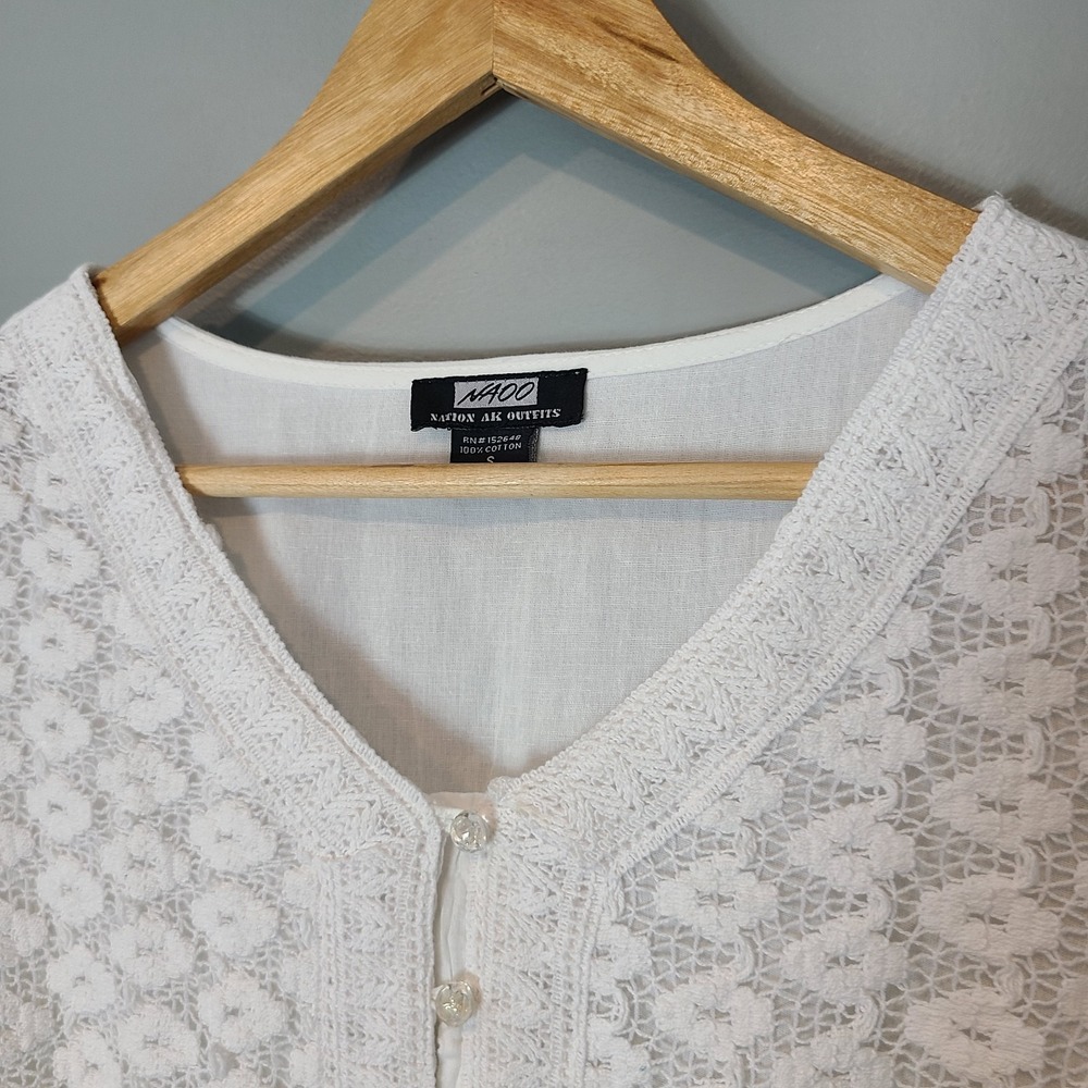 NAOO Cotton White Crochet Lace Tiered Flowy Boho Cottage Maxi Dress Sz M Resort - Picture 7 of 11